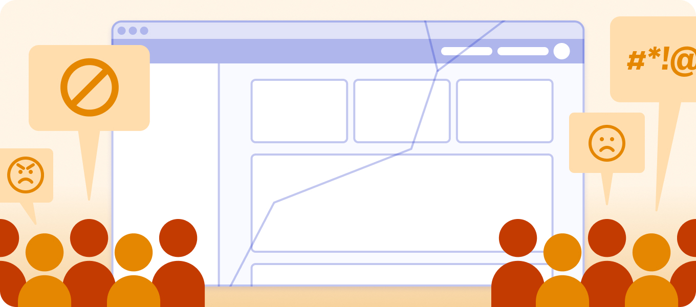 A broken product wireframe surrounded by frustrated, angry users.