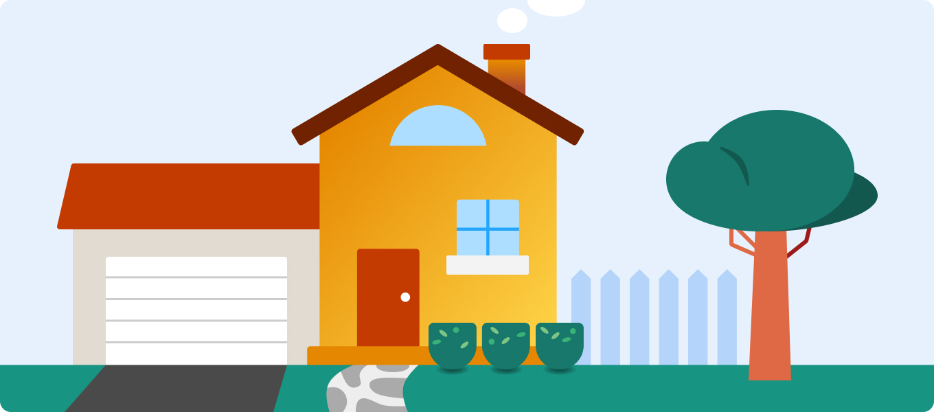 A renovated house with an attached garage, shrubbery in the front yard, a fence in the backyard, and a tree.