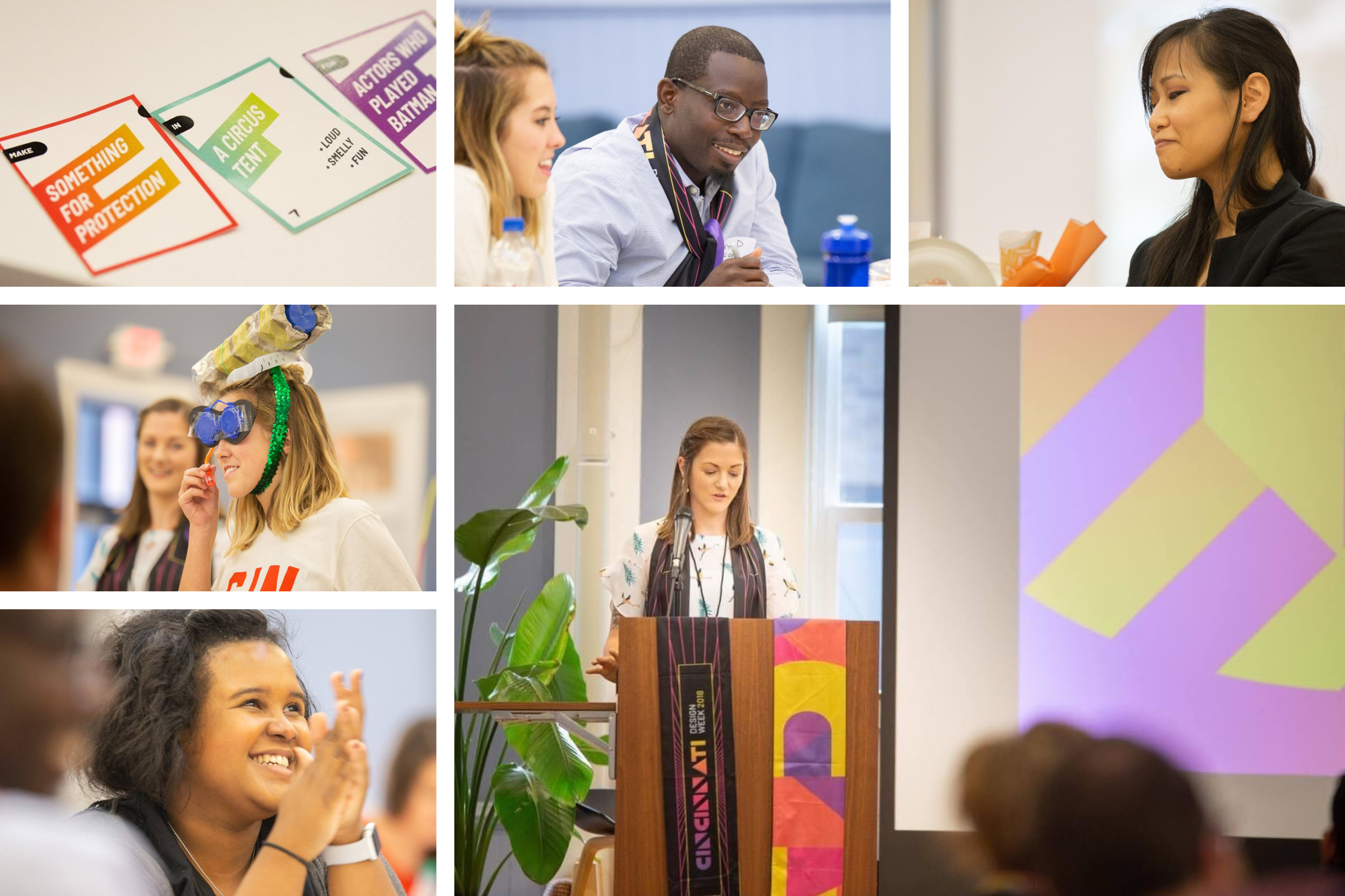 Group of images showing the moderator and participants at the 2018 Box of Crazy event